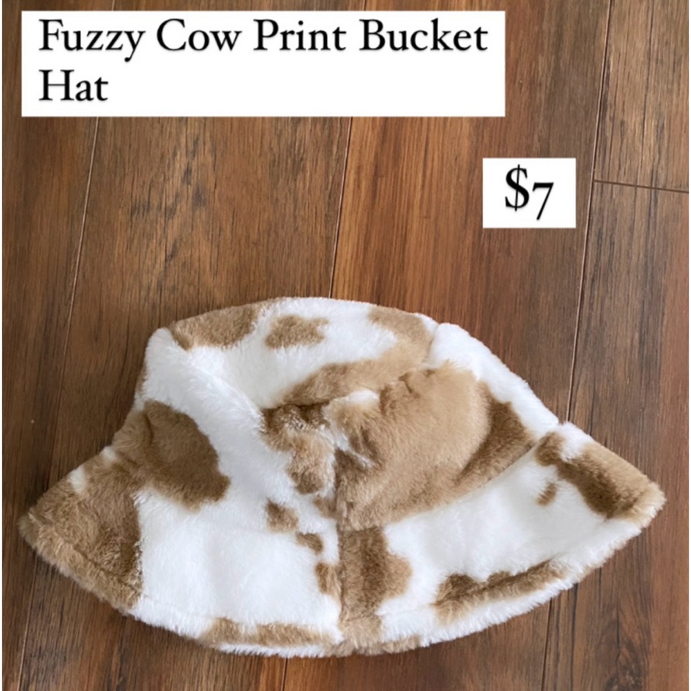 Shekou brand fuzzy beige and white bucket hat cow print NEVER WORN